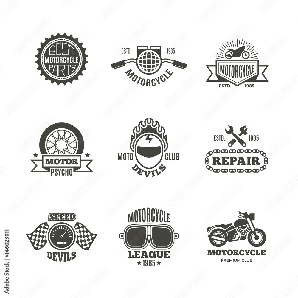 Race, motorcycle, motorbike repair vector retro labels, logo, badges and emblems