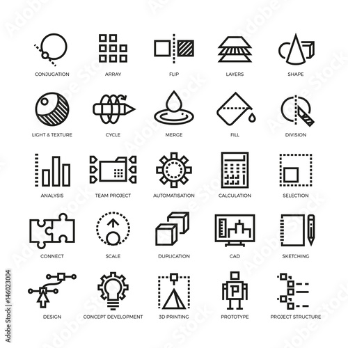 Cad designer, future innovation, database, architecture, 3d model printing vector line icons