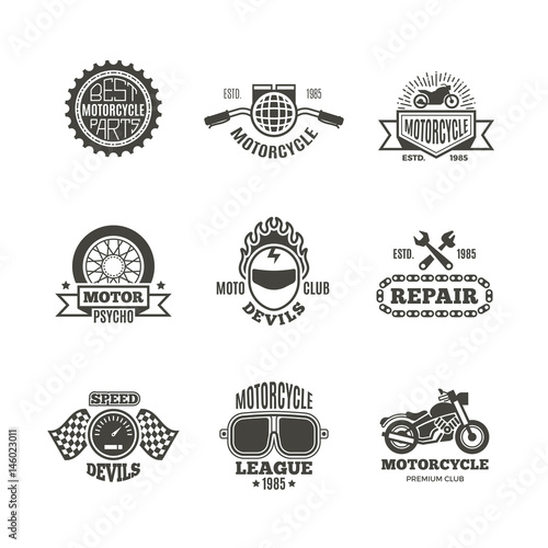 Race, motorcycle, motorbike repair vector retro labels, logo, badges and emblems