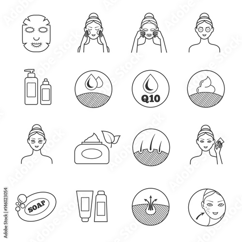 Skin care vector icons. Prevention of aging and eliminating of wrinkle pictograms