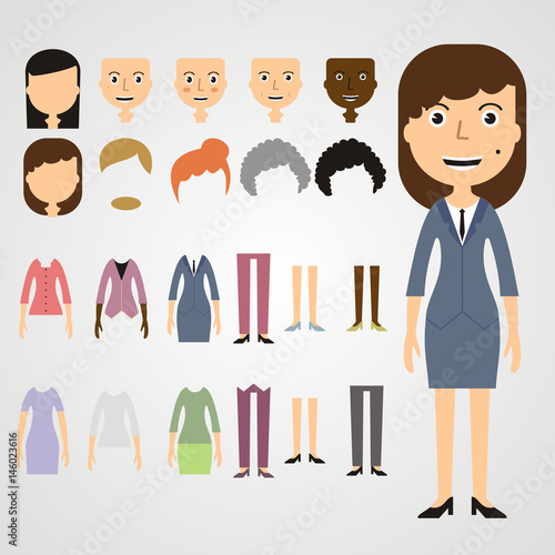 Vector set of dress up constructor with different business women haircuts, lips, dress, wear, in trendy flat style. Flat faces icon creato