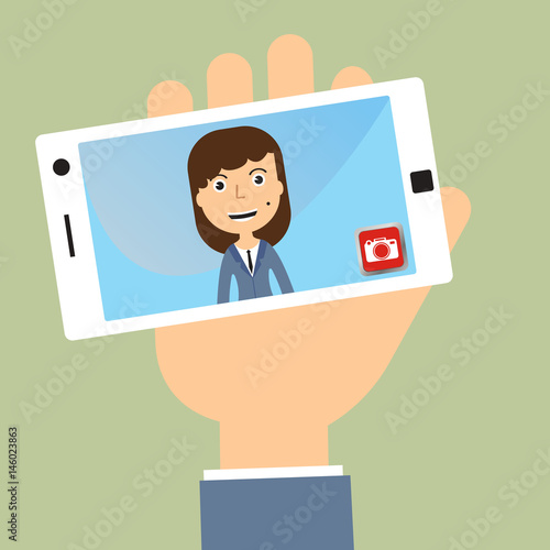Business woman taking selfie photo on smart phone.