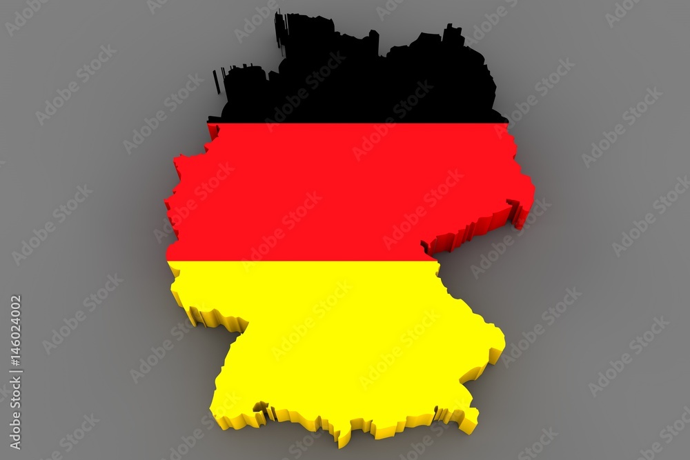 Country shape of Germany - 3D render of country borders filled with colors of Germany flag isolated on grey background