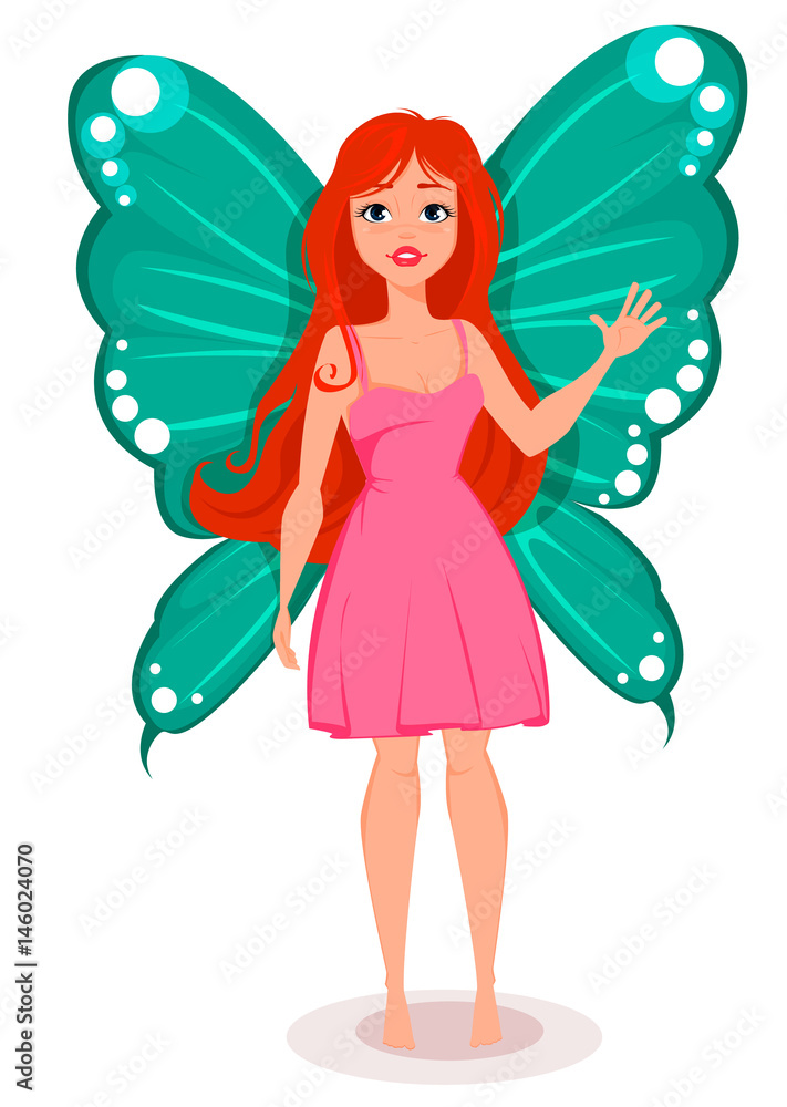 Fairy with butterfly wings. Beautiful redhead cartoon character. Stock vector