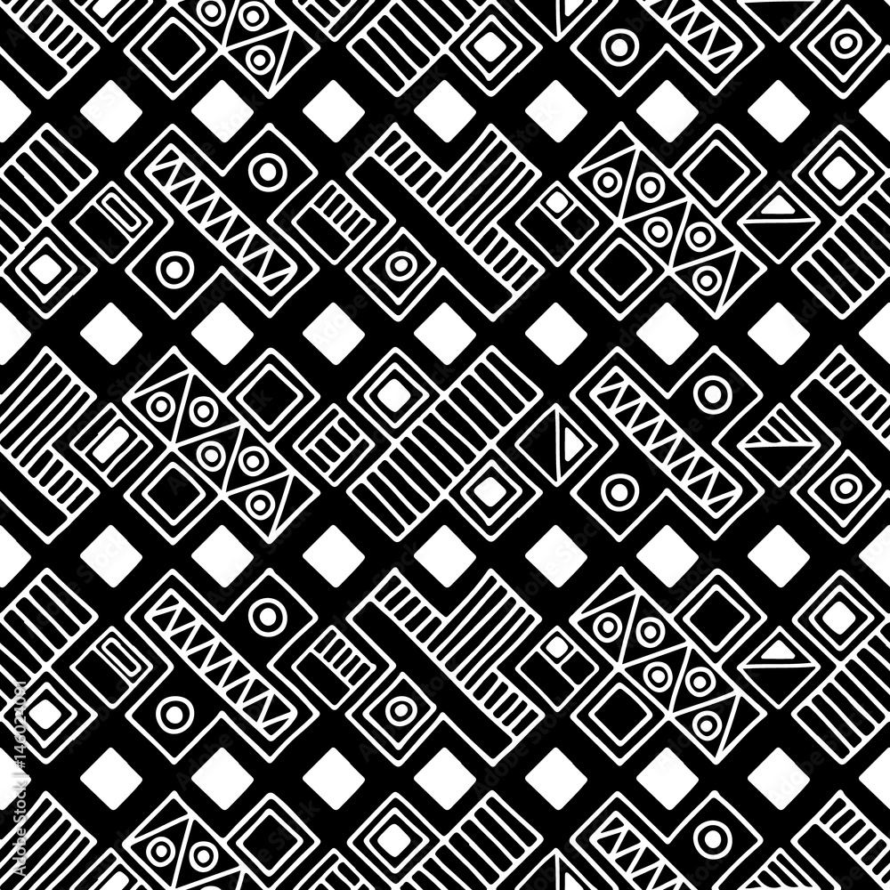 Seamless vector pattern. Black and white geometrical background with hand drawn decorative tribal elements. Print with ethnic, folk, traditional motifs. Graphic vector illustration. Seamless vector pattern. Black and white geometrical background with hand drawn decorative tribal elements. Print with ethnic, folk, traditional motifs. Graphic vector illustration.