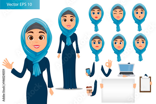 Arabic woman constructor set. Cute businesswoman cartoon character with various face expressions and different things. Stock vector