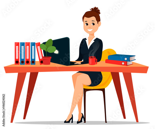 Business woman sitting at the table. Cute cartoon character businesswoman. Vector stock