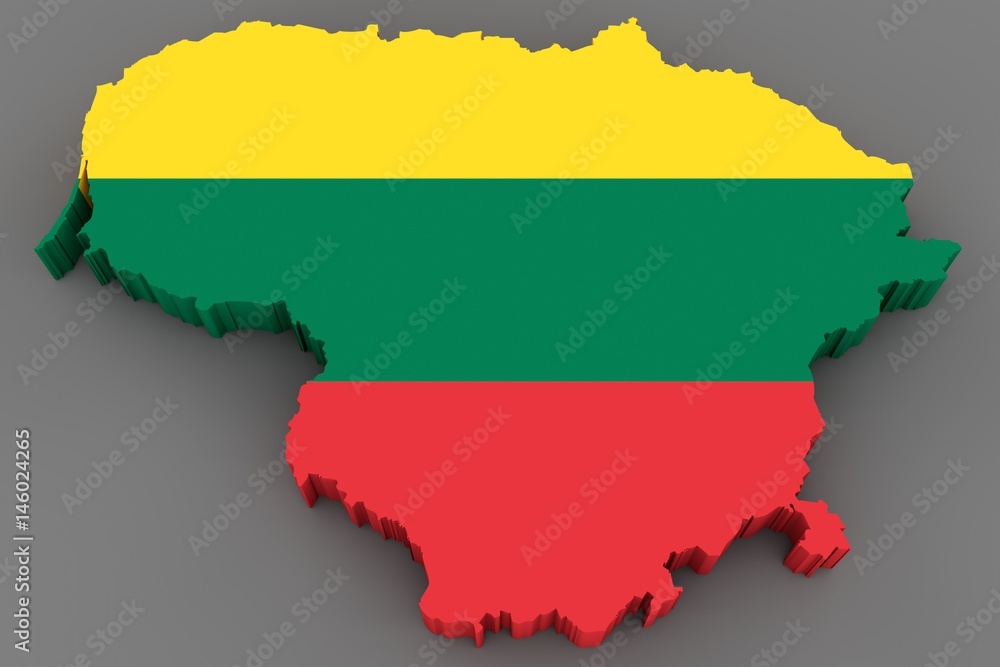 Country shape of Lithuania - 3D render of country borders filled with colors of Lithuania flag isolated on grey background Country shape of Lithuania - 3D render of country borders filled with colors of Lithuania flag isolated on grey background