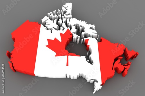 Country shape of Canada - 3D render of country borders filled with colors of Canada flag isolated on grey background