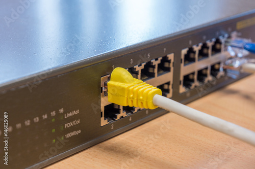Ethernet RJ45 cable plugged into interface port of Switch. They are standard networking equipment.