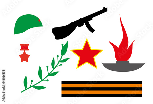 Set of design elements and icons to the Victory Day of the Soviet Army helmet, automatic, eternal flame, George (guards) ribbon, Laurel wreath, star, the order of hero of the Soviet Union. Flat style.