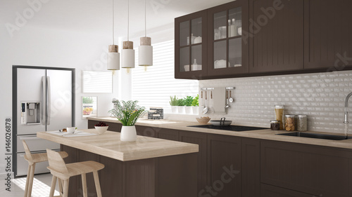 Scandinavian classic kitchen with wooden and brown details, minimalistic interior design © ArchiVIZ