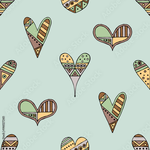 Vector hand drawn seamless pattern, decorative stylized childish hearts. Doodle style, tribal graphic illustration Cute hand drawing in vintage colors. Series of doodle, cartoon, sketch illustrations