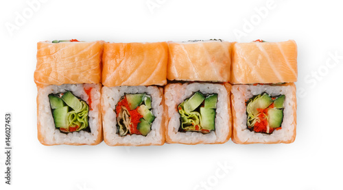 Set of salmon rolls isolated on white, closeup, top view