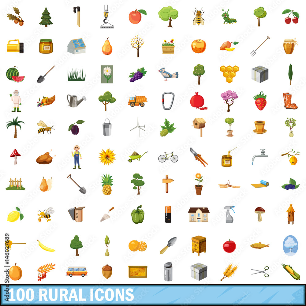 Fototapeta premium 100 rural icons set, cartoon style