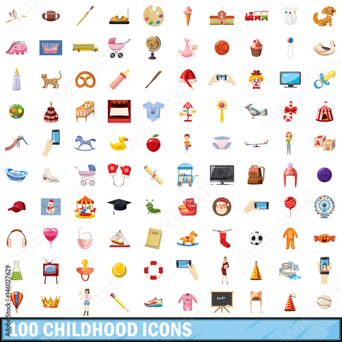 100 childhood icons set, cartoon style