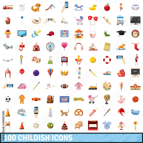 100 childish icons set, cartoon style