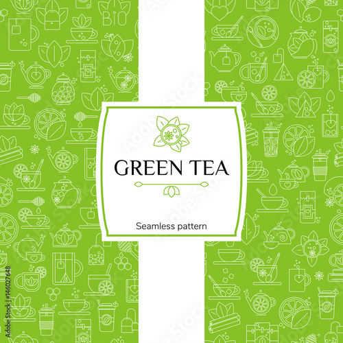Tea seamless background with thin line icons - green tea pattern