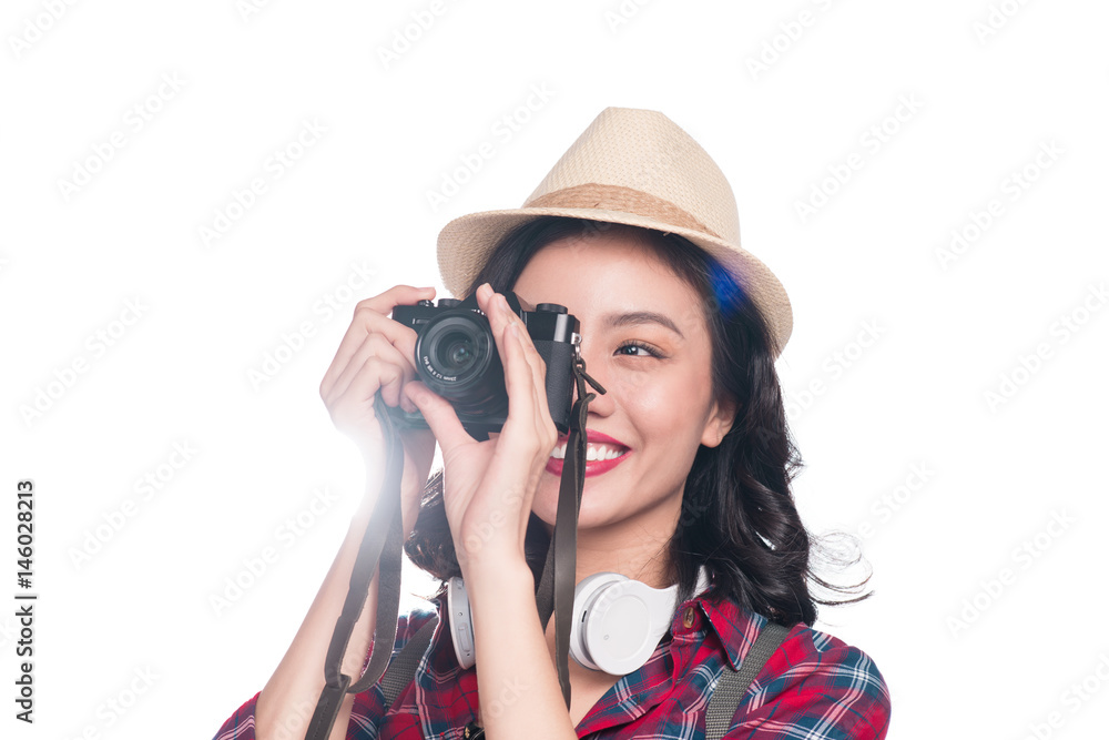 Woman travel. Young beautiful asian woman traveler taking pictures on white background Woman travel. Young beautiful asian woman traveler taking pictures on white background