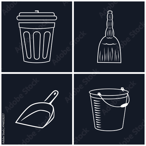 Icons Bucket, Dustbin and Broom, White Cleaning Linear Icons on Black Background, Vector Illustration