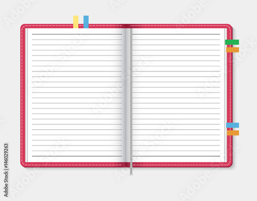 Open notebook on light gray background, vector illustration
