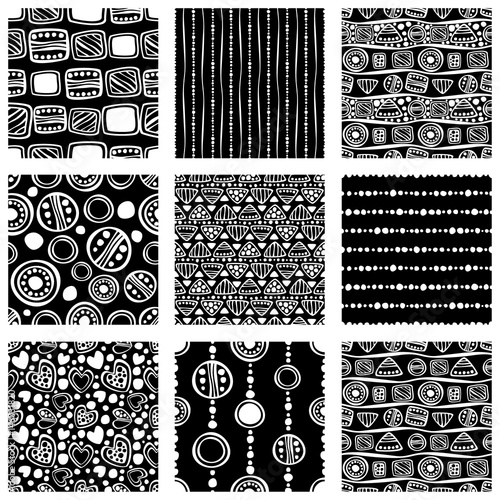 Set of seamless vector pattern. Black and white hand drawn endless background with ornamental decorative elements with ethnic, traditional, tribal motives. Series of Hand Drawn Ornamental Patterns