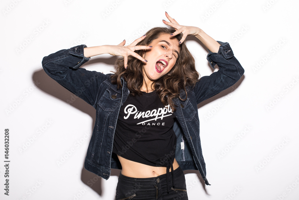 Style hipster woman portrait with face emotions on white background Style hipster woman portrait with face emotions on white background