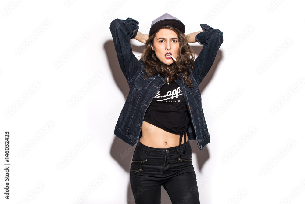 Style woman cool modern clothes with cigarette on white background Style woman cool modern clothes with cigarette on white background