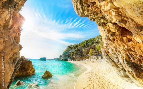 View of the coastline of Ionian the sea and beach in Corfu island in summertime photo