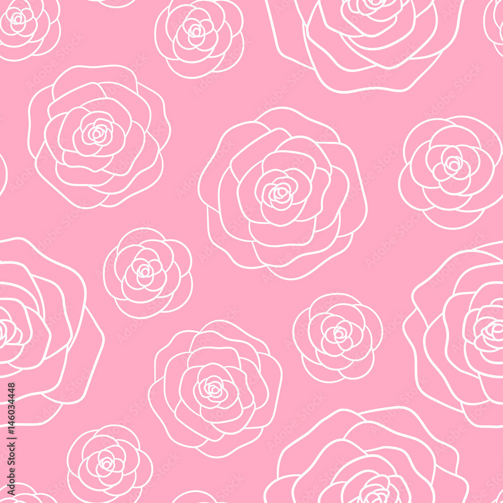 Vector roses white outline seamless pattern on the pink background Vector roses white outline seamless pattern on the pink background