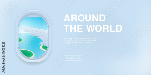 Banner with airplane window. cartoon flat illustration with place for text. Porthole, view on the plane wing.