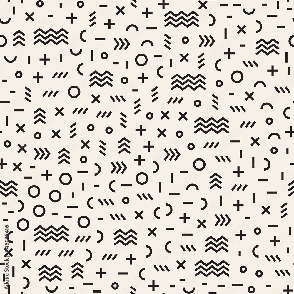 Retro geometric line shapes seamless patterns. Abstract jumble textures. Black and white scattered shapes