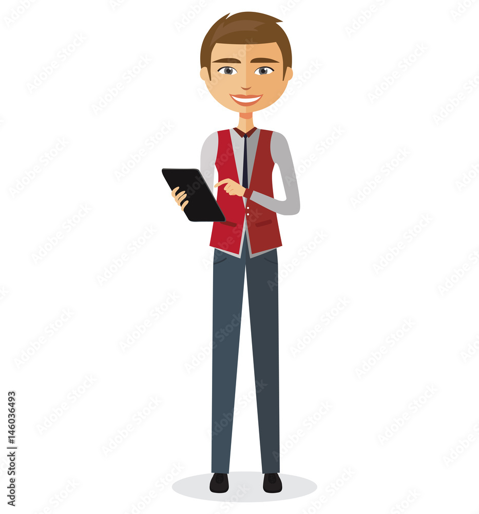 Happy businessman with tablet vector flat cartoon illustration. Happy businessman with tablet vector flat cartoon illustration.
