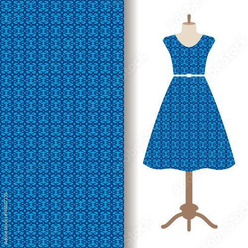 Dress fabric with blue arabic pattern