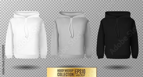 Hoody set. Realistic mockup. Long sleeve hoody template on transparent background. White, black and gray version