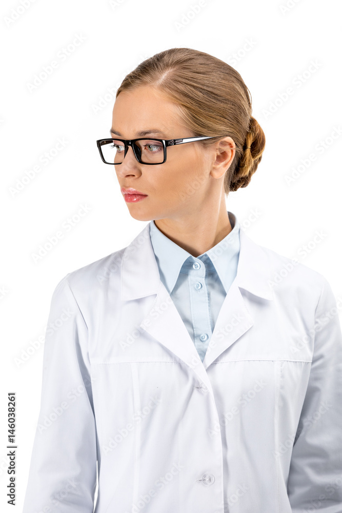 female doctor standing in white coat isolated on white female doctor standing in white coat isolated on white