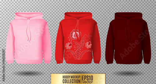 Hoody set. Realistic mockup. Long sleeve hoody template on transparent background. Pink, red and vinous version