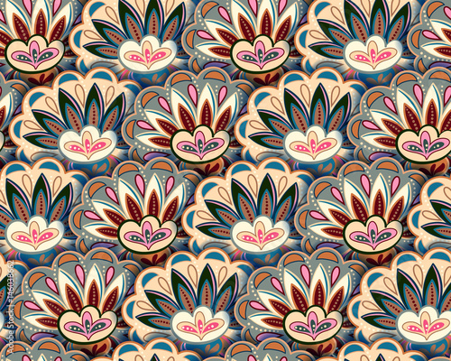 Seamless ethnic pattern with floral motives. Beige gray pink pastel background.Mandala stylized print template for fabric and paper. Boho chic design. Summer fashion.