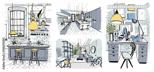 Modern room interiors in loft style. Set of hand drawn colorful illustration.