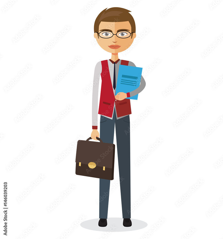 Banker with glasses and briefcase vector flat cartoon illustration.