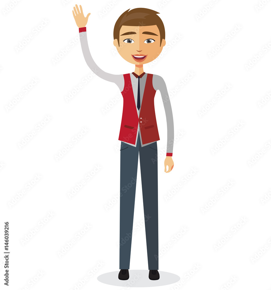 Cheerful young businessman waving her hand vector flat cartoon illustration. Cheerful young businessman waving her hand vector flat cartoon illustration.