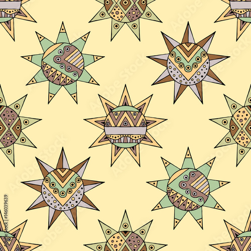 Vector seamless hand drawn pattern, decorative stylized vintage childish tribal sun with lights. Doodle style, tribal graphic illustration Line drawing. Series of doodle, cartoon, sketch illustrations