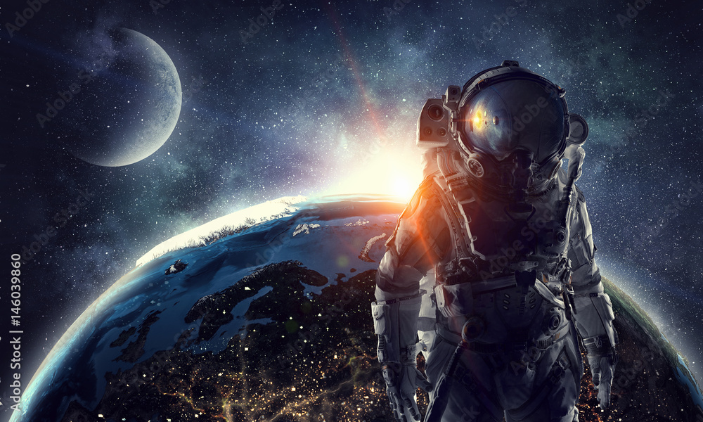 Naklejka premium Astronaut in outer space. Mixed media