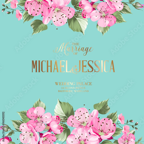 Wedding invitation. Blossom Sakura. Bridal shower invitation with blue background, vintage card for spring or summer bridal shower. Vector illustration.
