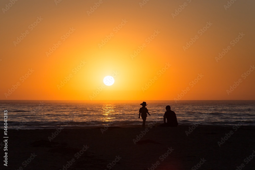 father and son at the sunset on the beach