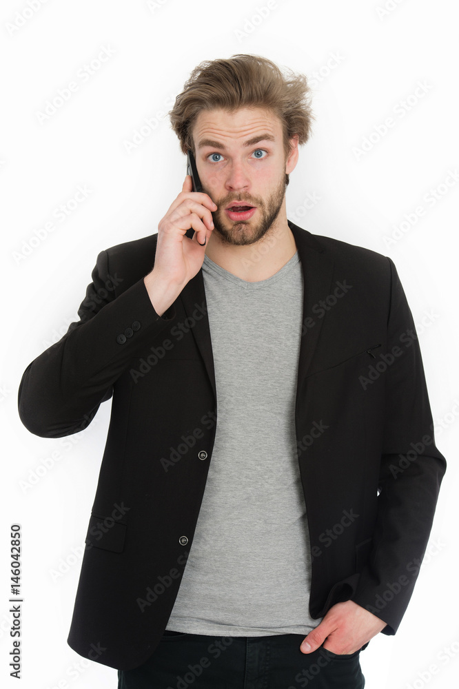 young bearded man with formal jacket using mobile phone device young bearded man with formal jacket using mobile phone device