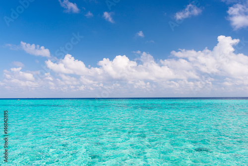 Summer vacation in paradise. A trip to the summer. The water of the lagoon is turquoise. Light white clouds in the blue summer sky. Maldives. Indian Ocean.