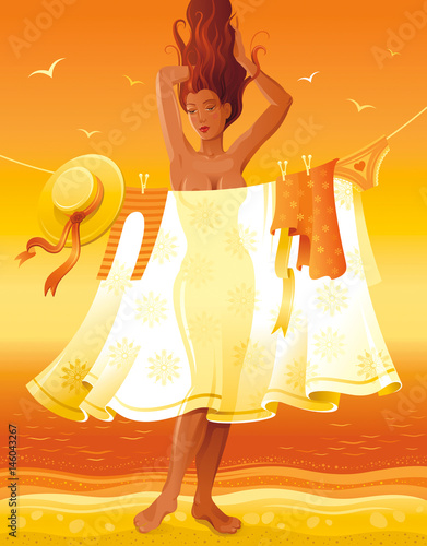 Summer people travel beach background, beautiful tan sexy nude girl. Invitation design, vintage party poster. Tropical sunset evening vector illustration. Summertime retro sand coast abstract template