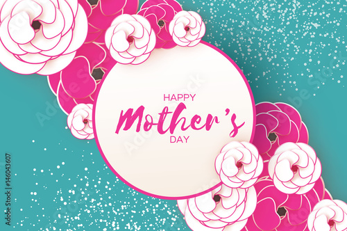 Happy Mother's Day Greeting card. Pink White Paper cut Flower. Circle Frame. Space for text.