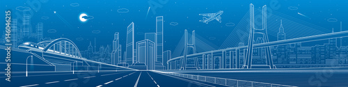 Infrastructure panorama. Large cable-stayed bridge. Train move on the bridge. Airplane fly. Empty highway. Night modern city on background, towers and skyscrapers, vector design art 